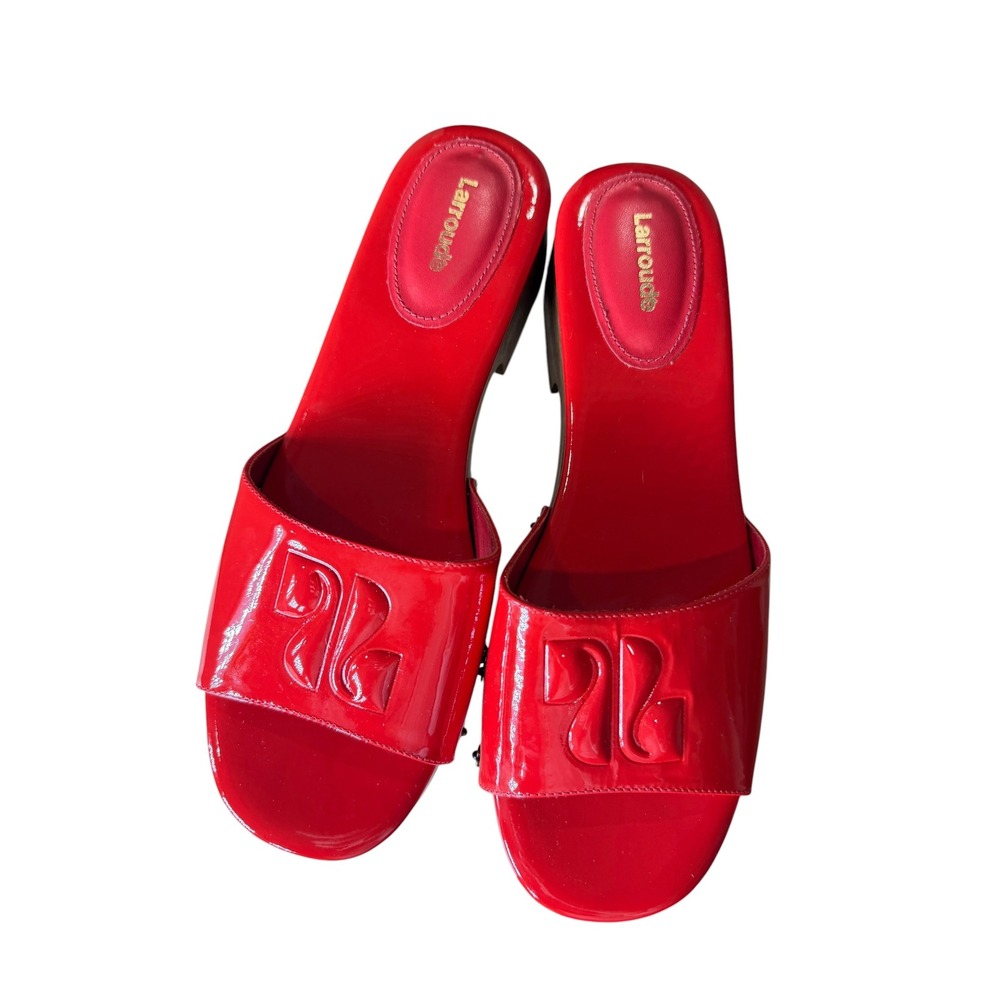 Larroude Red Patent Leather Logo Platform Clogs Wooden Slide Sandals Womens 8.5